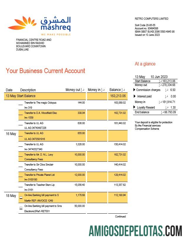 Imprimível Mashreq empresa bancária extrato de conta corrente modelo Word e PDF